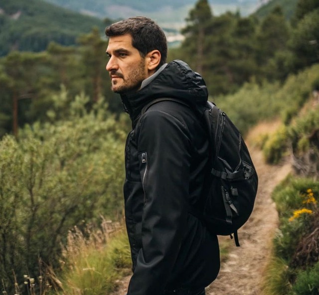 Man in black waterproof jacket