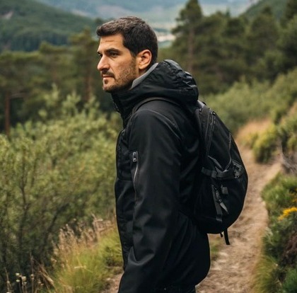Man in black waterproof jacket