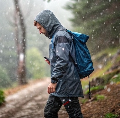 Man in black waterproof jacket
