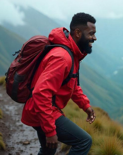 Man in red windproof jacket