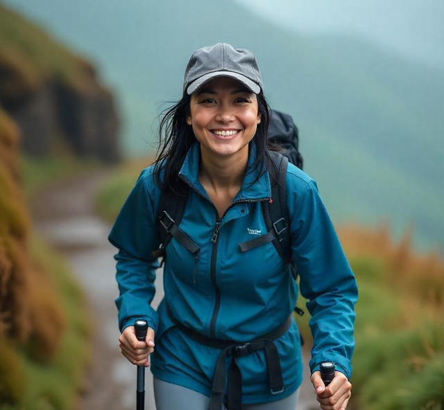 Woman in blue windproof jacket