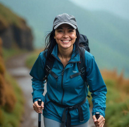 Woman in blue windproof jacket