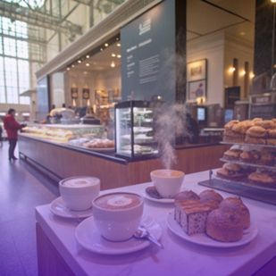 two steaming cups of coffee sit on a marble table at a café 