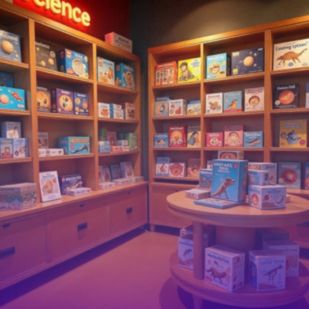 a cozy corner of a toy store displays shelves filled educational games