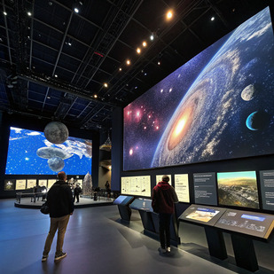 visitors explore a space exhibit featuring large screens