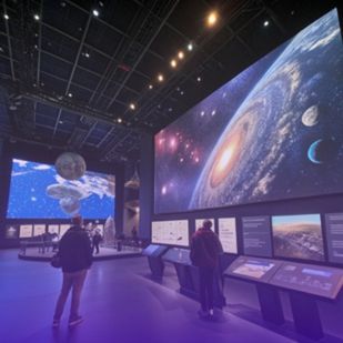 visitors explore a space exhibit featuring large screens in a modern museum