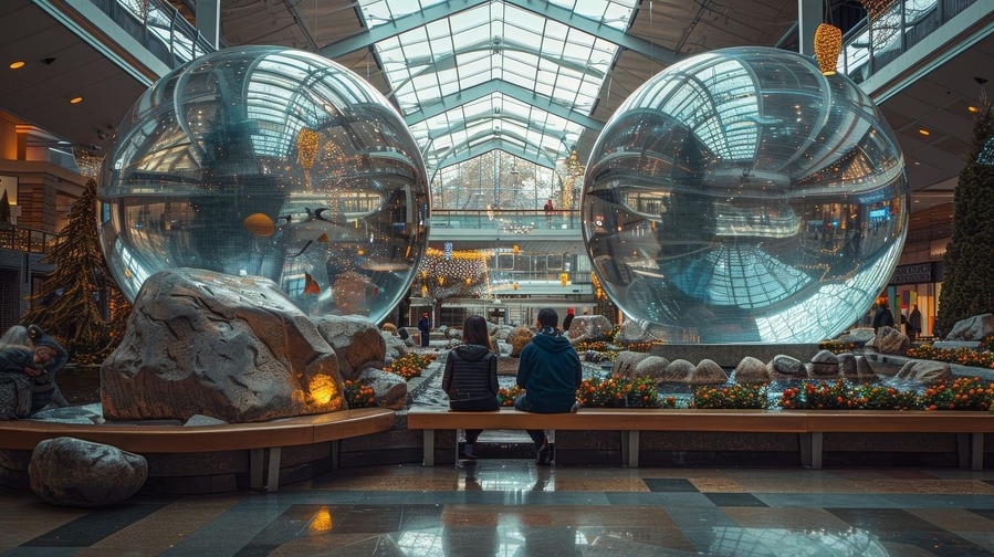 a couple sitting on a bench surrounded by large glass orbs